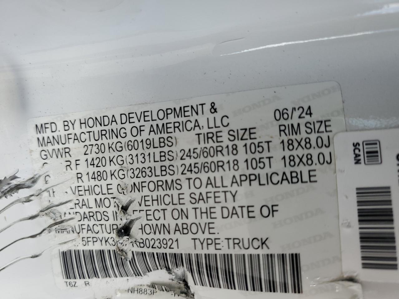 2024 HONDA RIDGELINE TRAIL SPORT VIN:5FPYK3F63RB023921