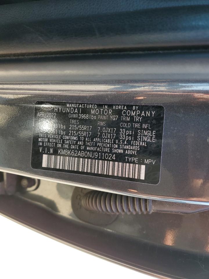 2022 HYUNDAI KONA SEL VIN:KM8K62AB0NU911024