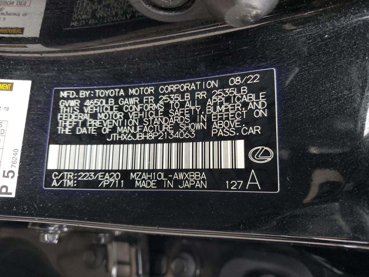 2023 LEXUS UX 250H BASE VIN:JTHX6JBH8P2134063