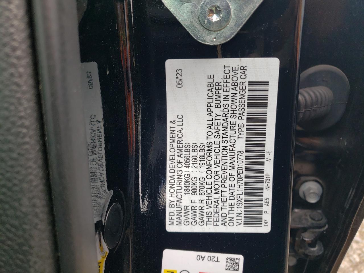 2023 HONDA CIVIC EXL VIN:19XFL1H70PE010778