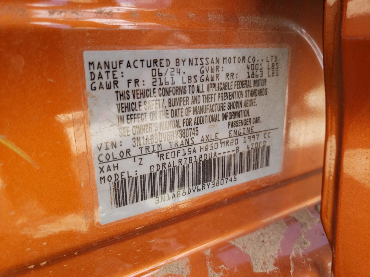 2024 NISSAN SENTRA SR VIN:3N1AB8DV6RY380745