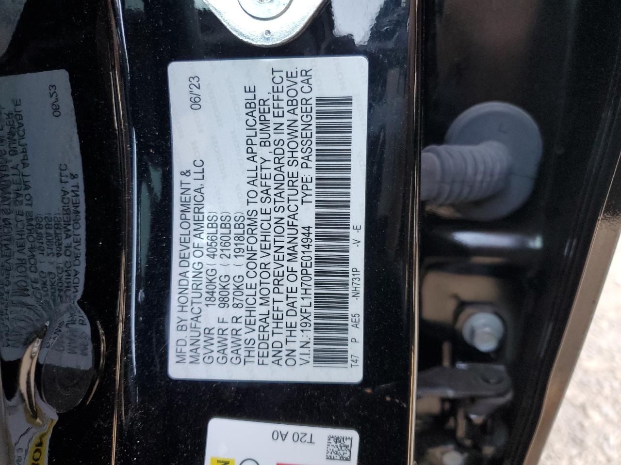 2023 HONDA CIVIC EXL VIN:19XFL1H70PE014944