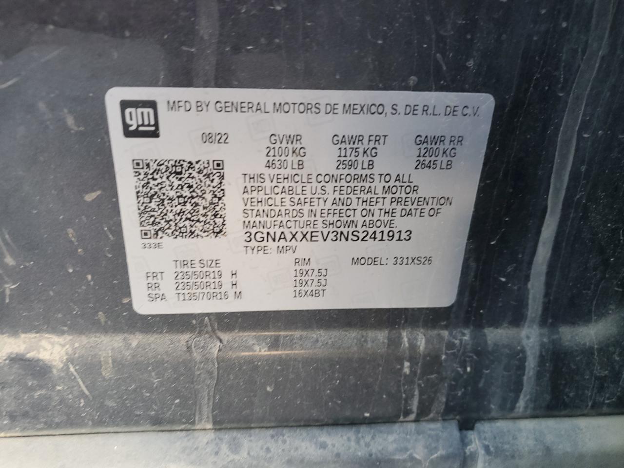 2022 CHEVROLET EQUINOX PREMIER VIN:3GNAXXEV3NS241913