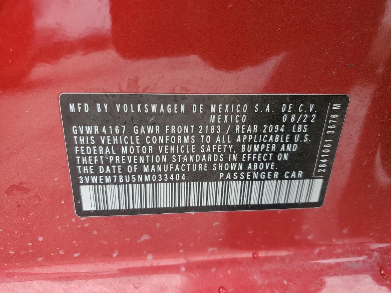 2022 VOLKSWAGEN JETTA SE VIN:3VWEM7BU5NM033404