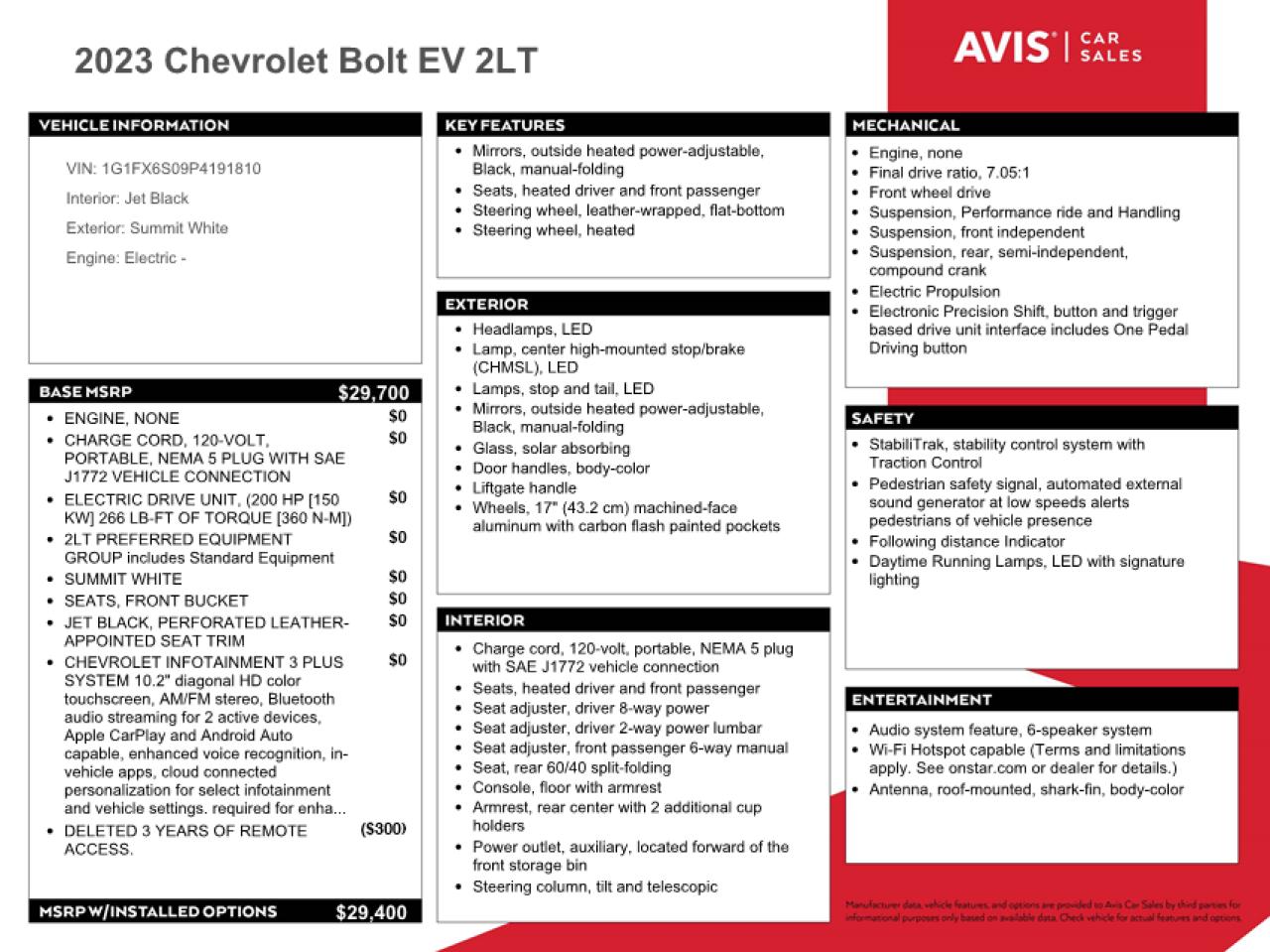 2023 CHEVROLET BOLT EV 2LT VIN:1G1FX6S09P4191810