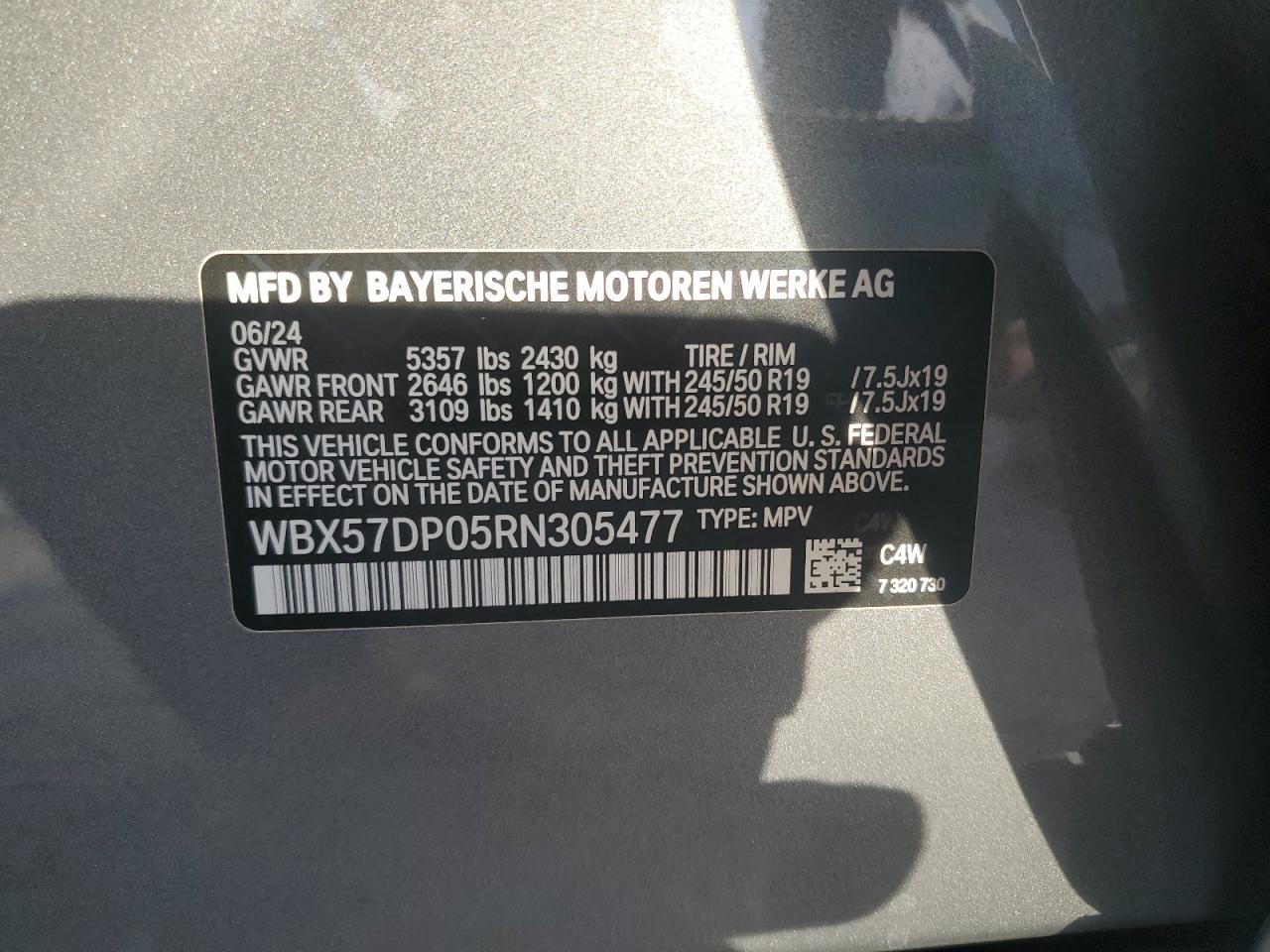 2024 BMW X3 XDRIVE30I VIN:WBX57DP05RN305477