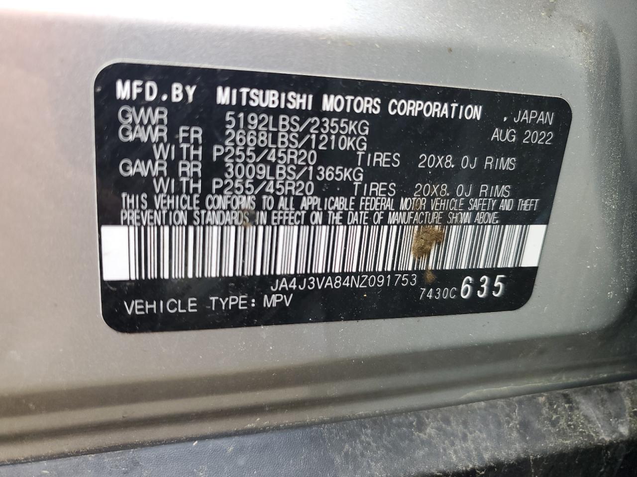 2022 MITSUBISHI OUTLANDER SEL VIN:JA4J3VA84NZ091753