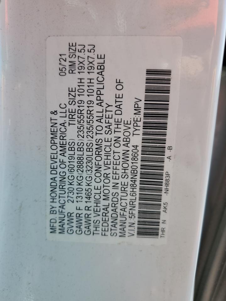 2022 HONDA ODYSSEY TOURING VIN:5FNRL6H84NB018604