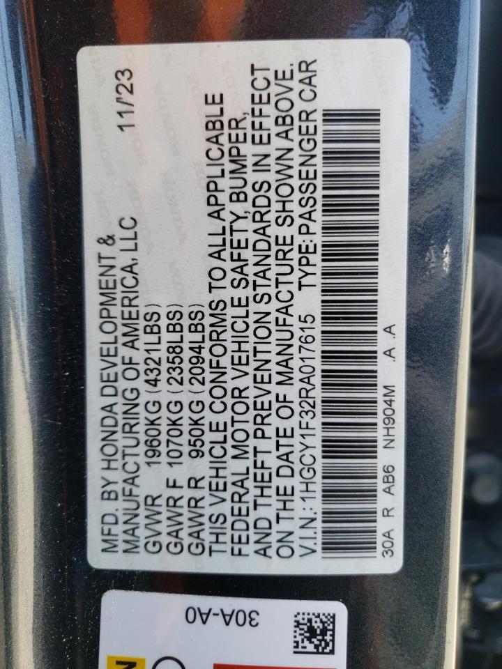 2024 HONDA ACCORD EX VIN:1HGCY1F32RA017615