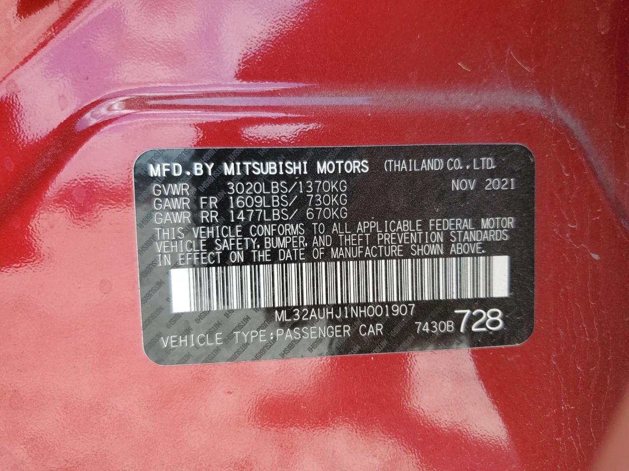 2022 MITSUBISHI MIRAGE ES VIN:ML32AUHJ1NH001907