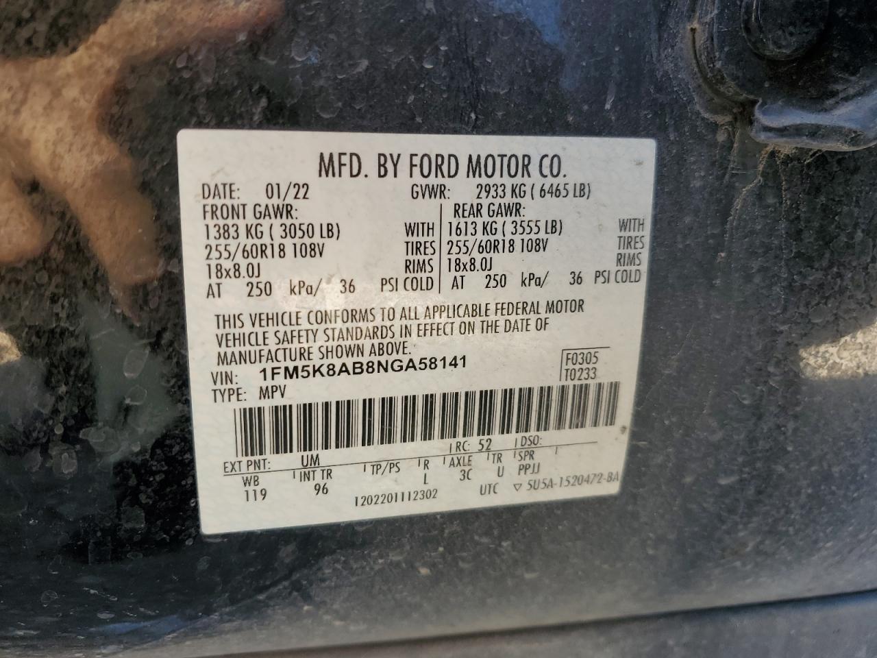 2022 FORD EXPLORER POLICE INTERCEPTOR VIN:1FM5K8AB8NGA58141