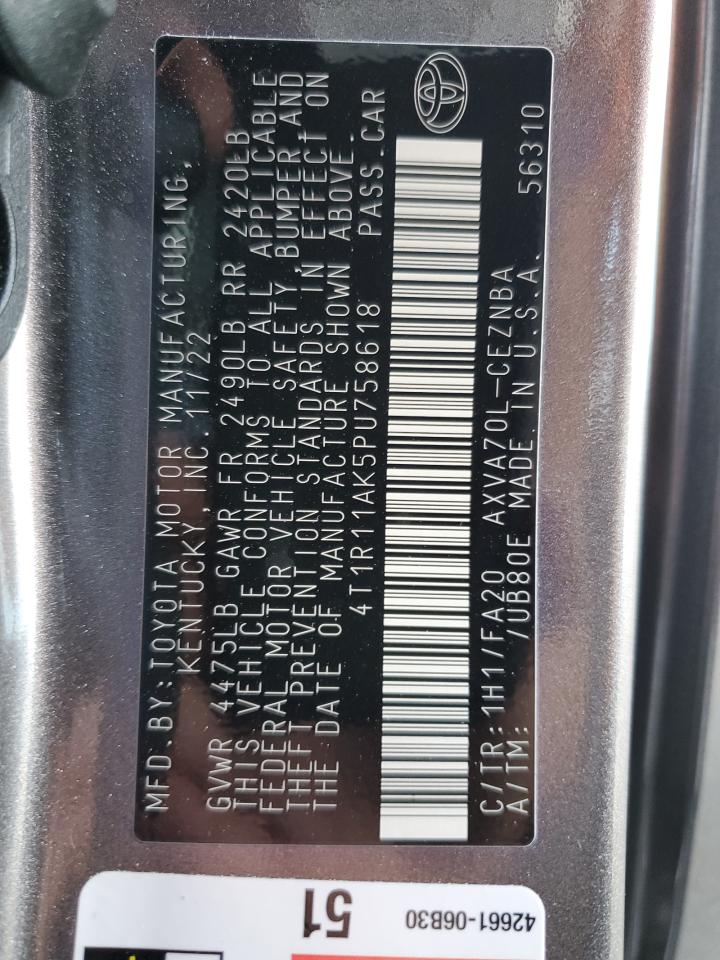 2023 TOYOTA CAMRY LE VIN:4T1R11AK5PU758618