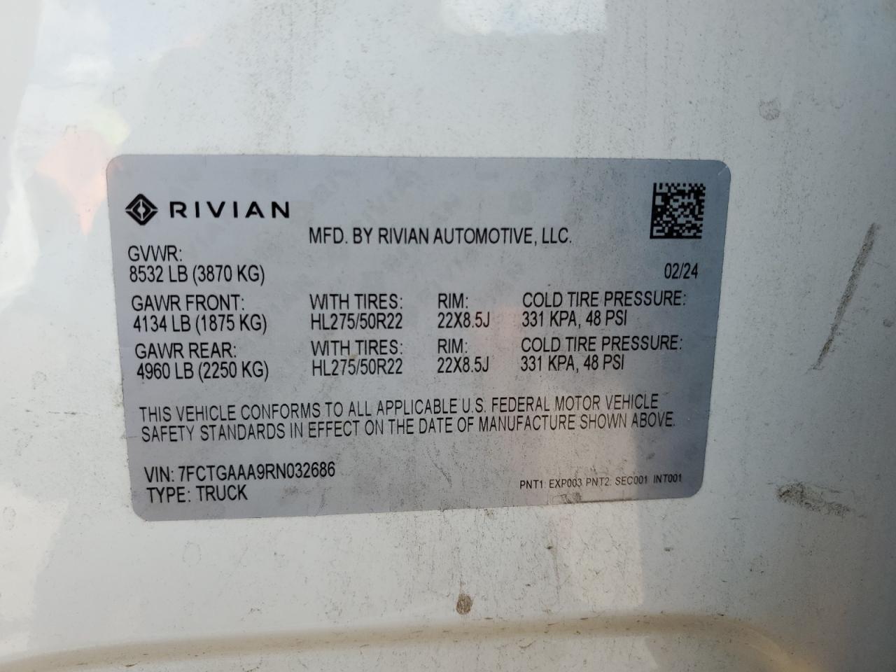 2024 RIVIAN R1T ADVENTURE VIN:7FCTGAAA9RN032686