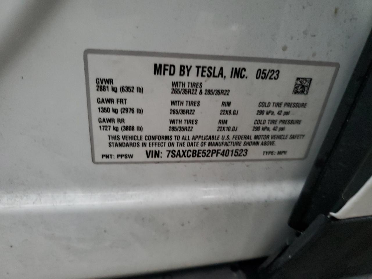 2023 TESLA MODEL X  VIN:7SAXCBE52PF401523