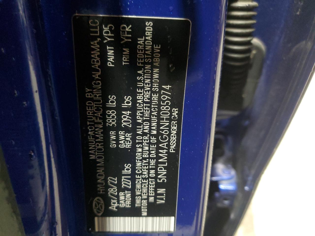 2022 HYUNDAI ELANTRA SEL VIN:5NPLM4AG6NH085974