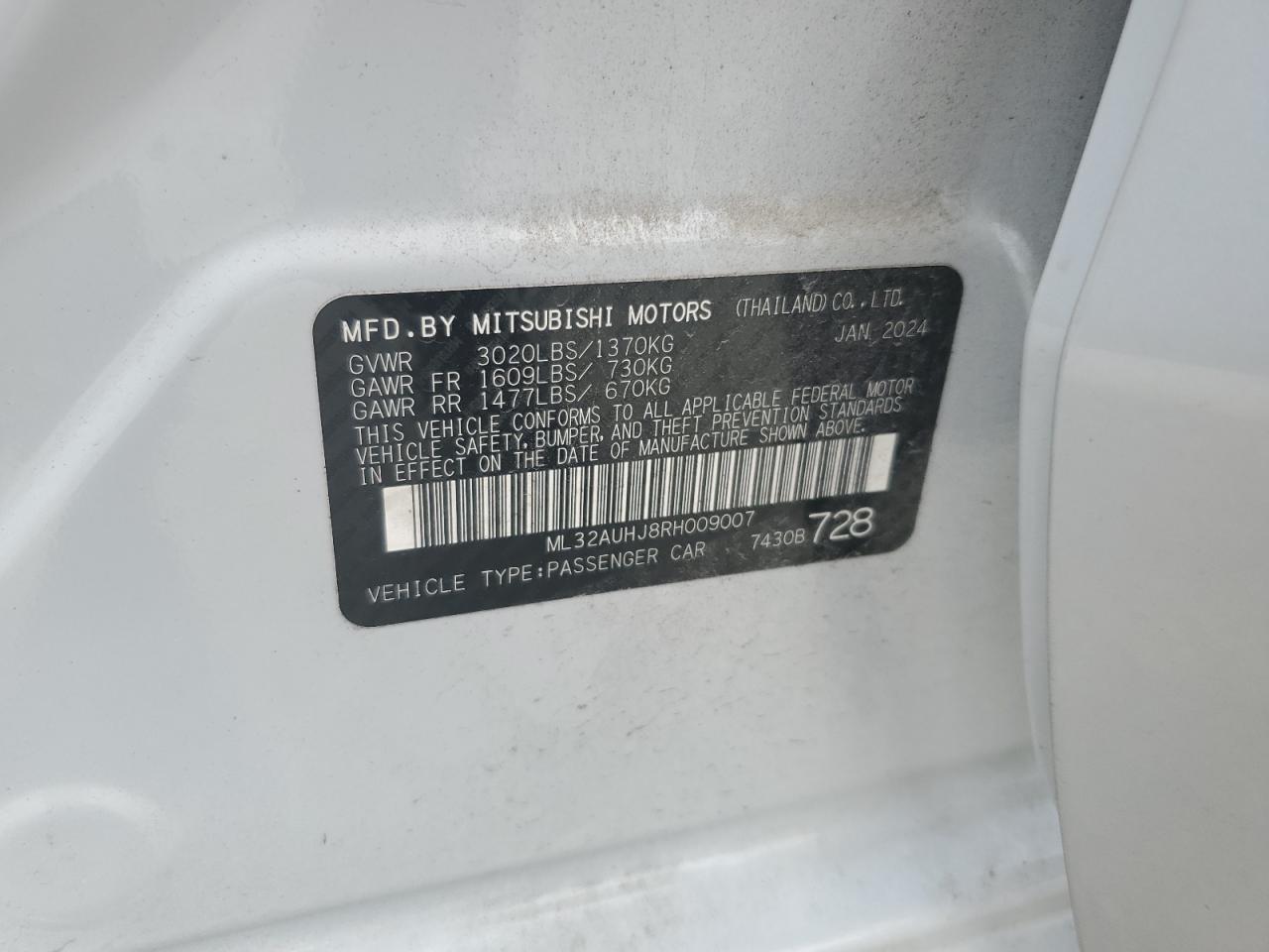 2024 MITSUBISHI MIRAGE ES VIN:ML32AUHJ8RH009007