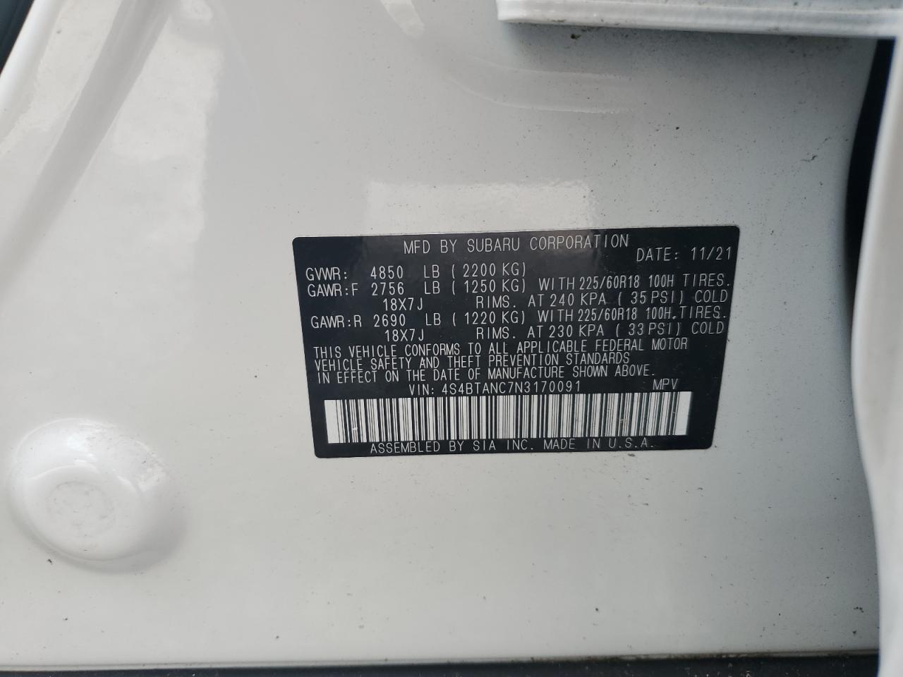 2022 SUBARU OUTBACK LIMITED VIN:4S4BTANC7N3170091