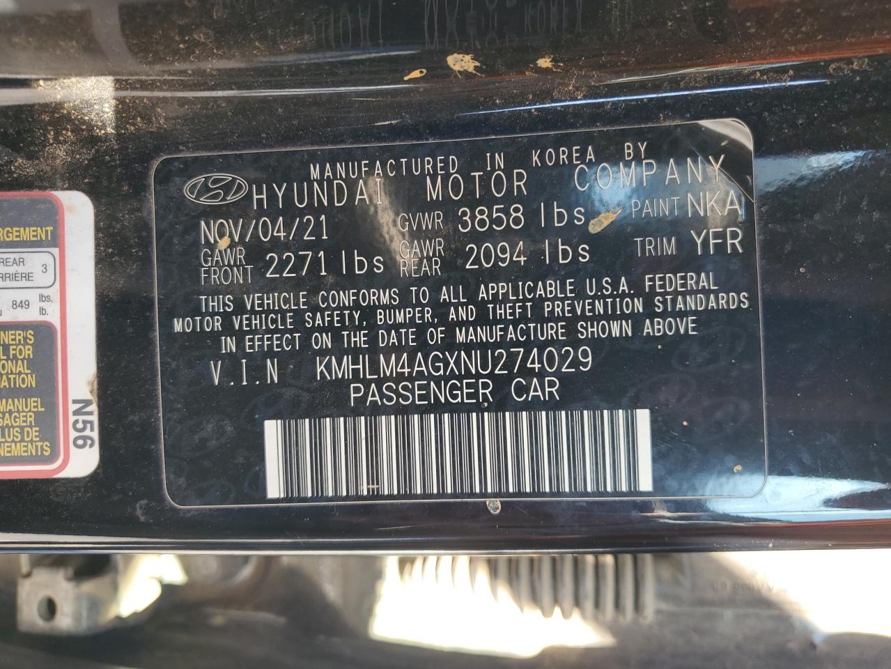 2022 HYUNDAI ELANTRA SEL VIN:KMHLM4AGXNU274029