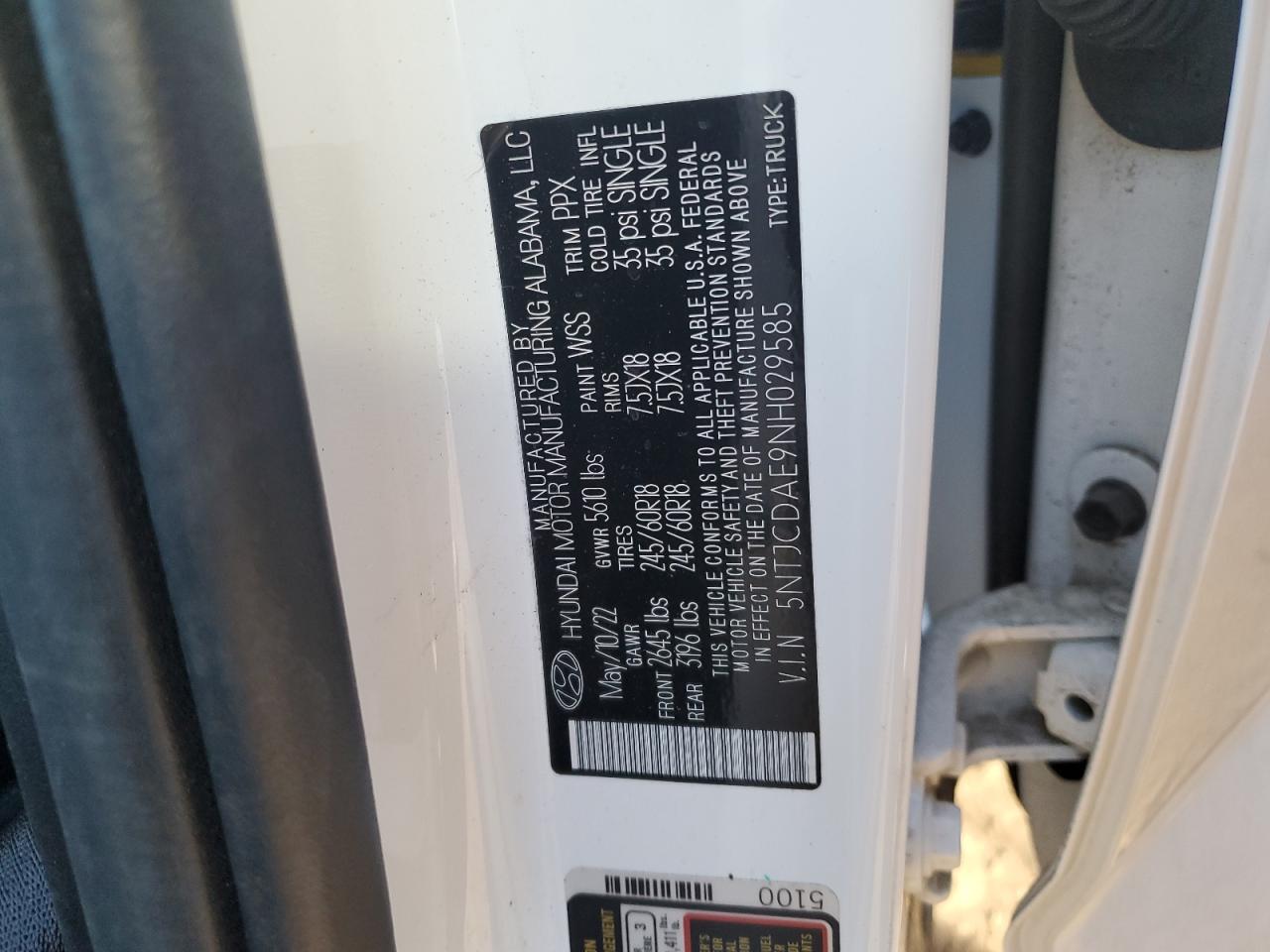 2022 HYUNDAI SANTA CRUZ SEL VIN:5NTJCDAE9NH029585