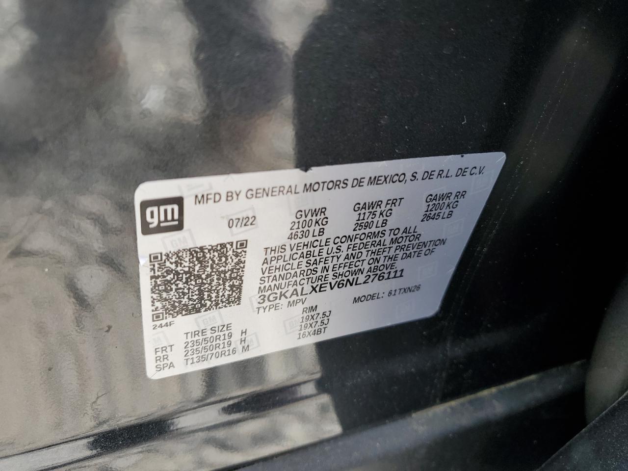 2022 GMC TERRAIN DENALI VIN:3GKALXEV6NL276111