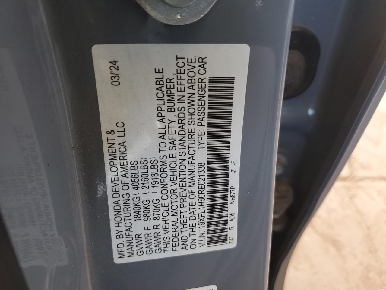 2024 HONDA CIVIC SPORT TOURING VIN:19XFL1H80RE021338