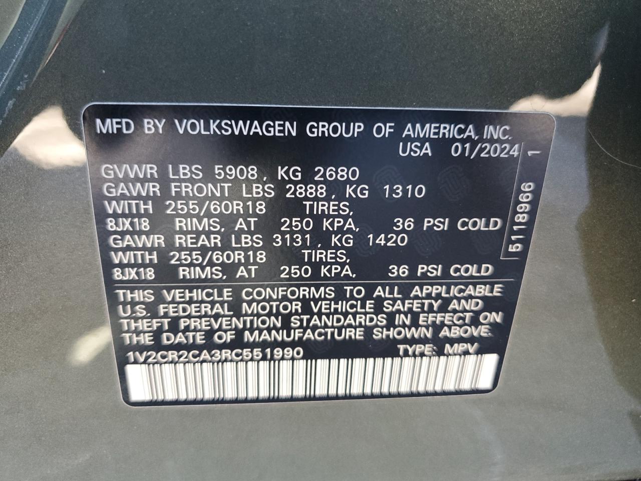 2024 VOLKSWAGEN ATLAS PEAK EDITION SE VIN:1V2CR2CA3RC551990