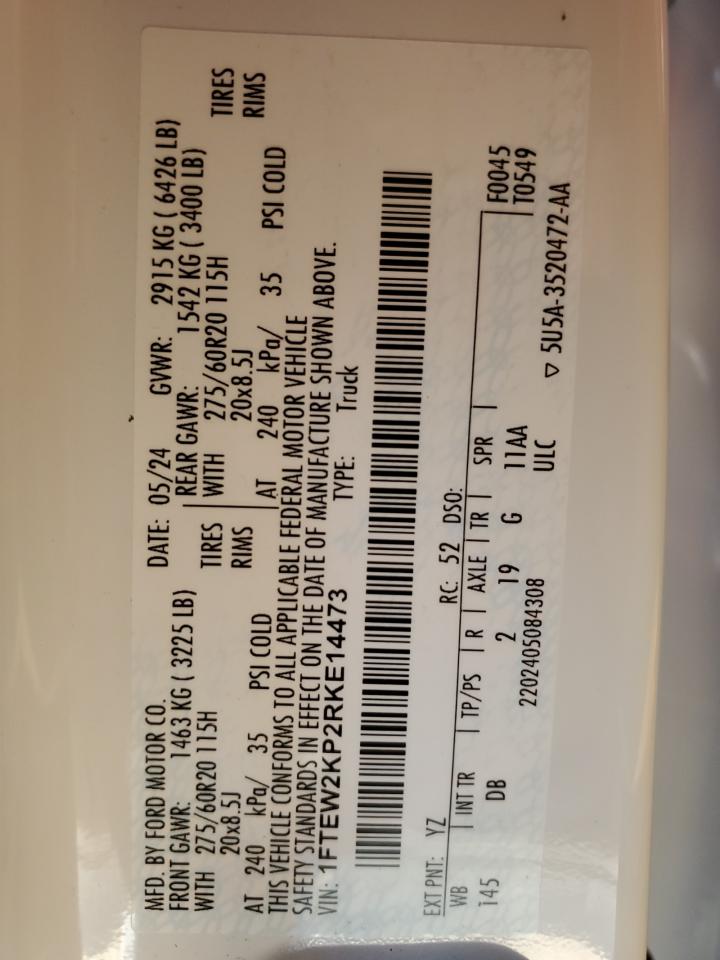 2024 FORD F150 STX VIN:1FTEW2KP2RKE14473