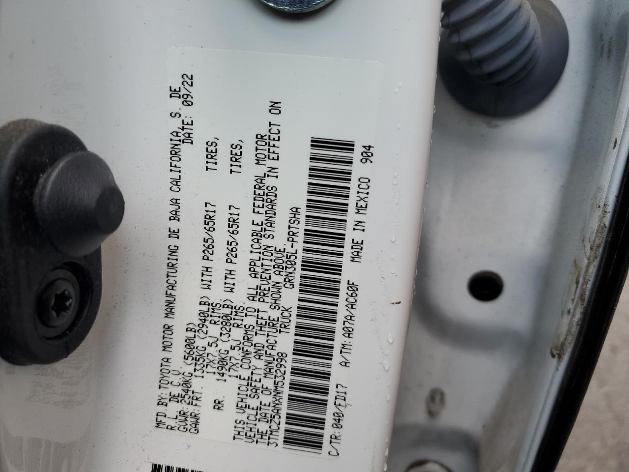 2022 TOYOTA TACOMA DOUBLE CAB VIN:3TMCZ5ANXNM532998