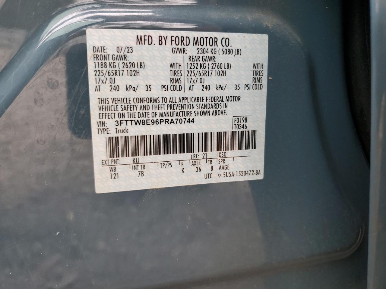 2023 FORD MAVERICK XL VIN:3FTTW8E96PRA70744