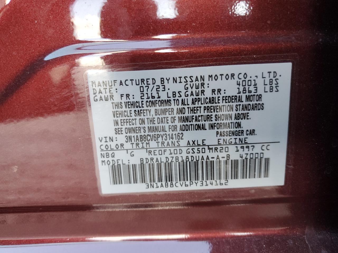 2023 NISSAN SENTRA SV VIN:3N1AB8CV6PY314162