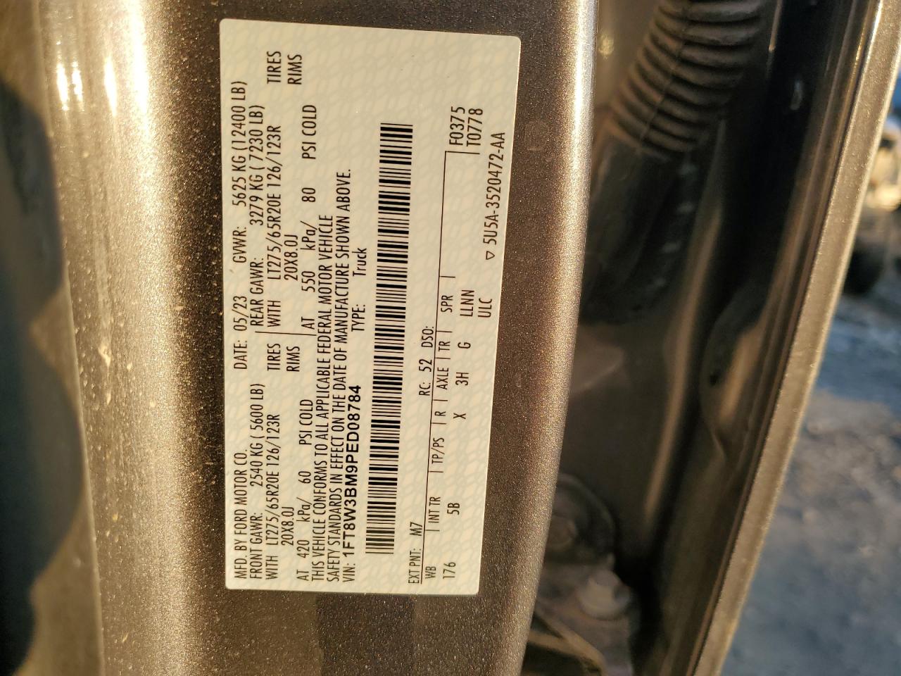 2023 FORD F350 SUPER DUTY VIN:1FT8W3BM9PED08784