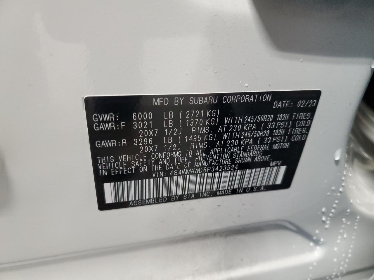 2023 SUBARU ASCENT TOURING VIN:ZFBERFAB4H6G97217