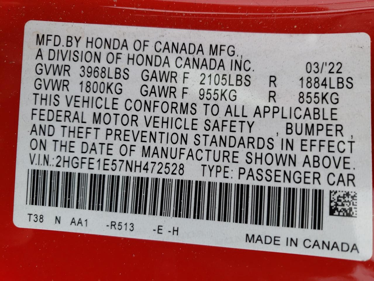 2022 HONDA CIVIC SI VIN:2HGFE1E57NH472528