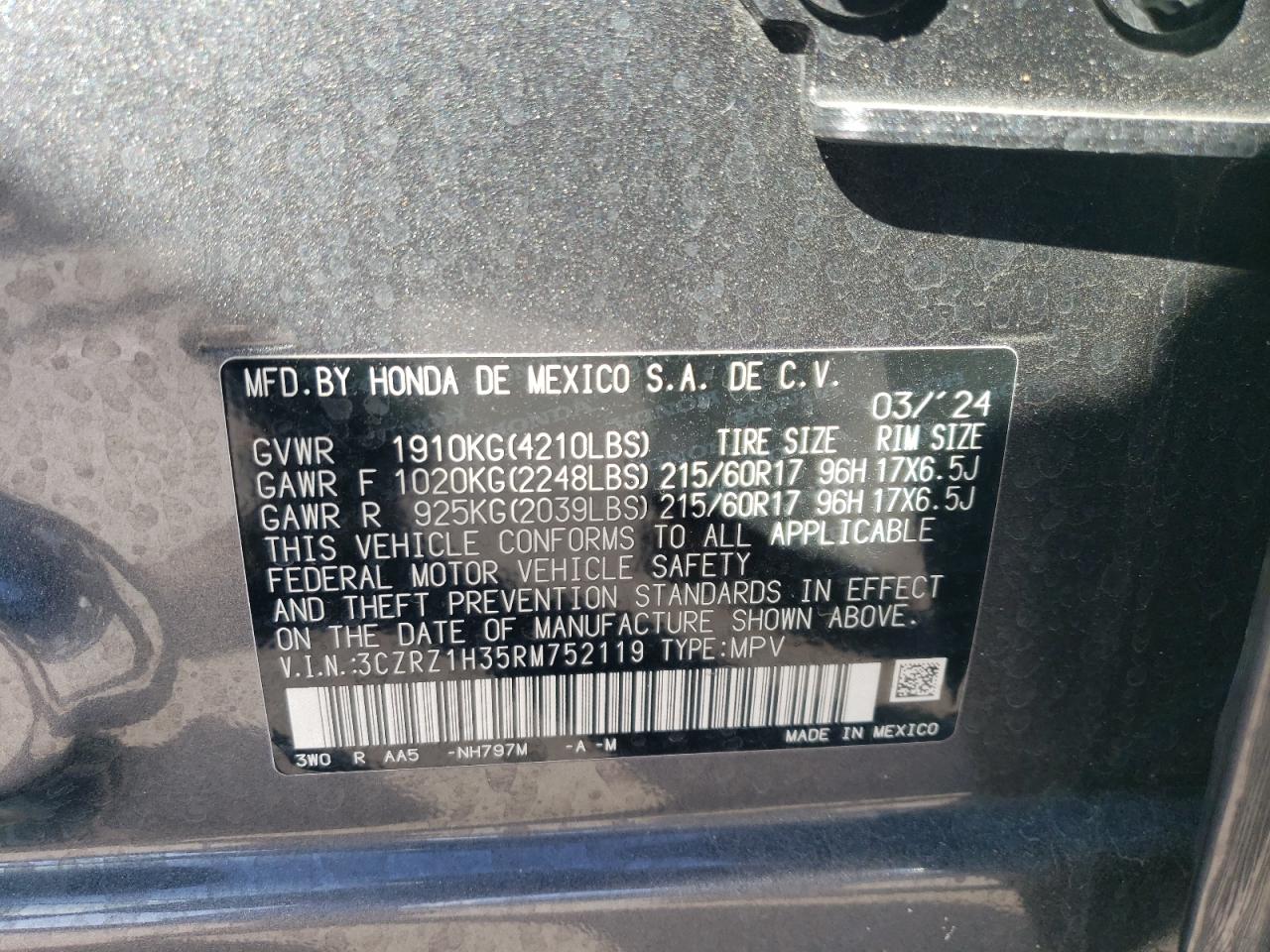 2024 HONDA HR-V LX VIN:3CZRZ1H35RM752119