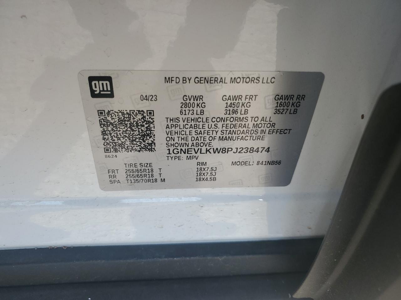 2023 CHEVROLET TRAVERSE LS VIN:1GNEVLKW8PJ238474