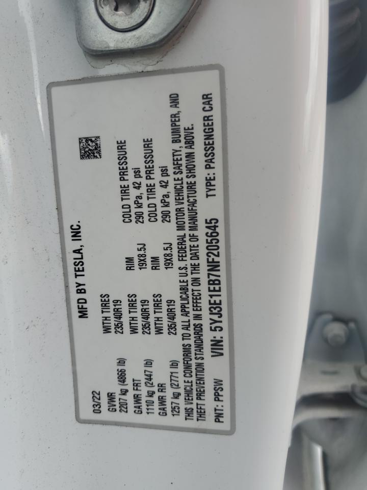 2022 TESLA MODEL 3  VIN:5YJ3E1EB7NF205645