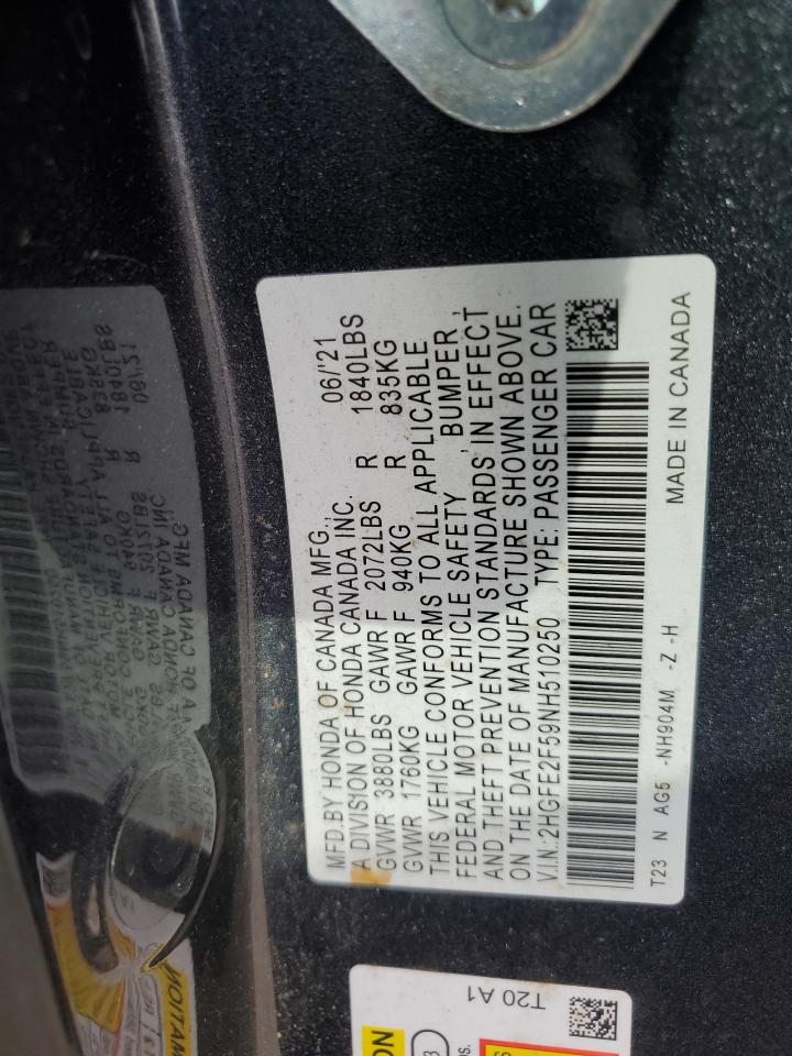 2022 HONDA CIVIC SPORT VIN:2HGFE2F59NH510250