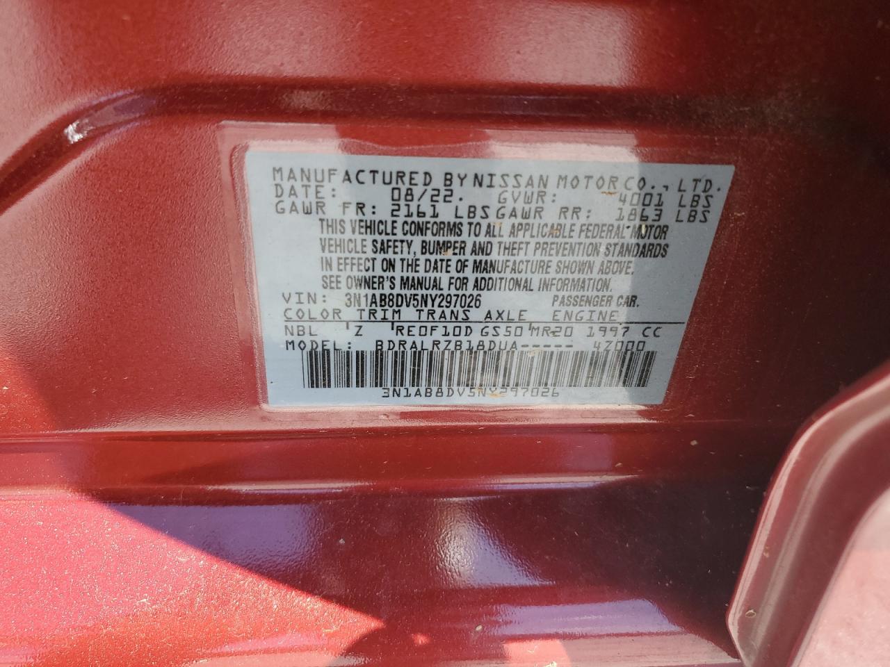 2022 NISSAN SENTRA SR VIN:3N1AB8DV5NY297026