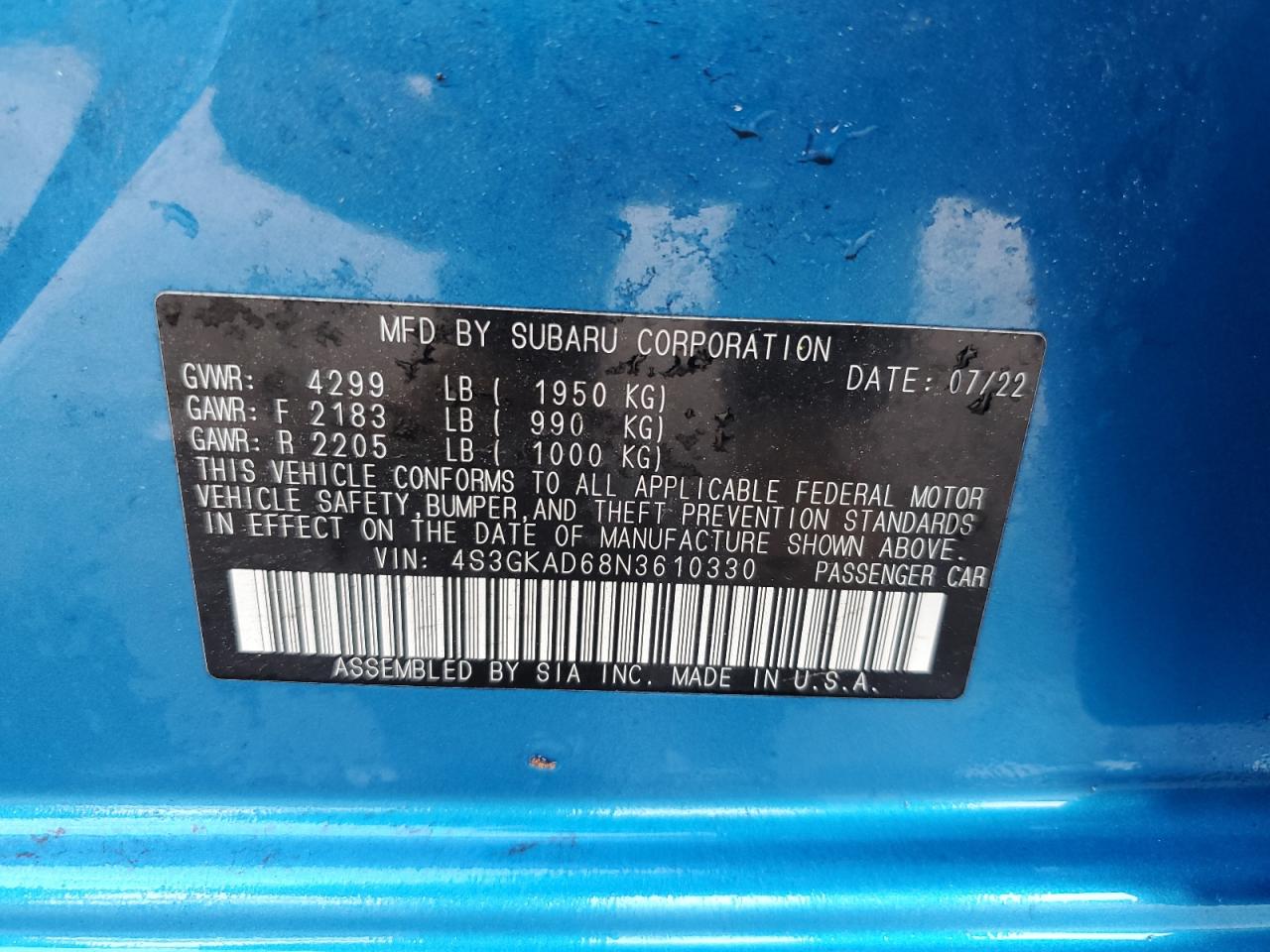 2022 SUBARU IMPREZA PREMIUM VIN:4S3GKAD68N3610330