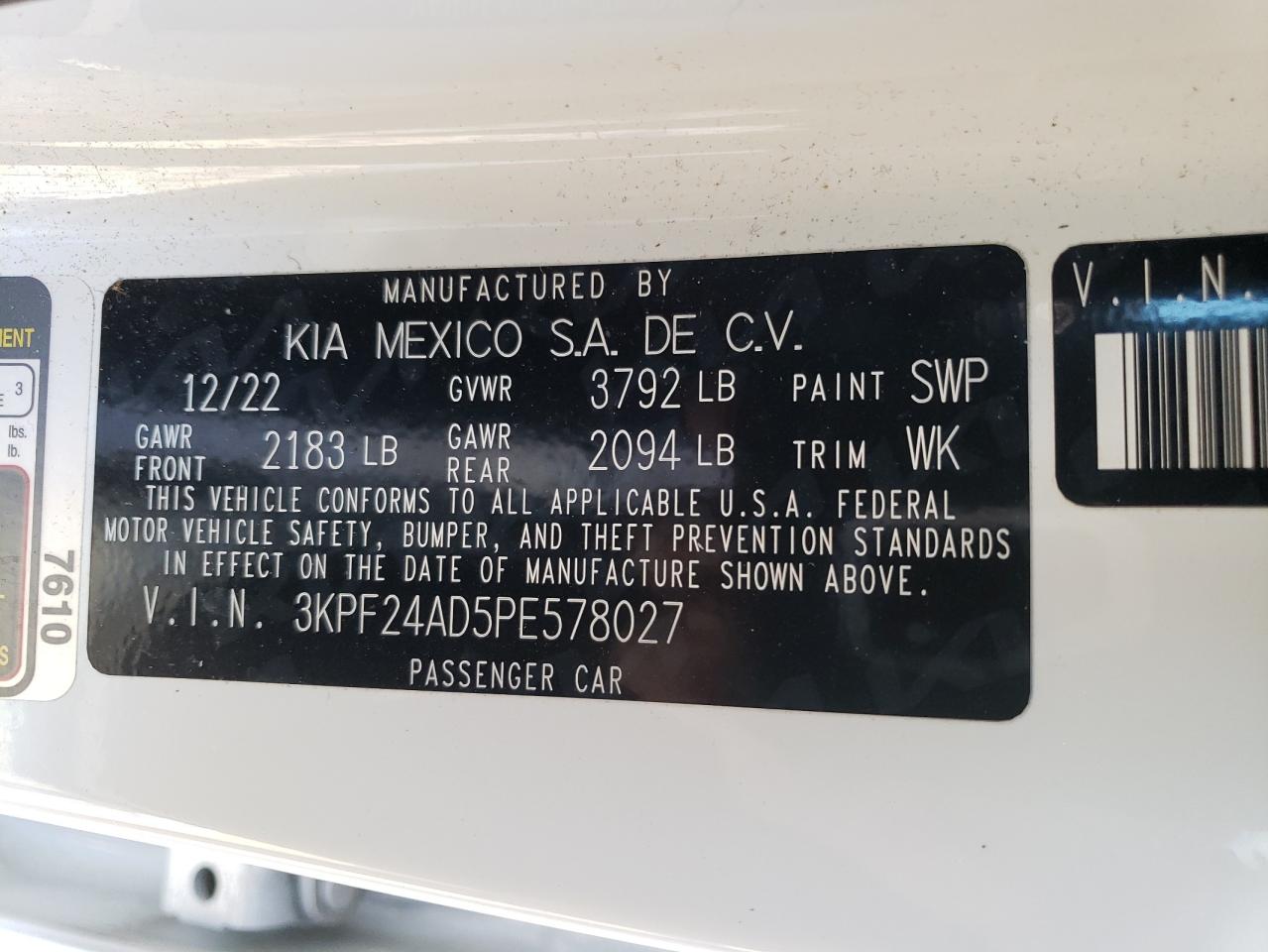 2023 KIA FORTE LX VIN:3KPF24AD5PE578027