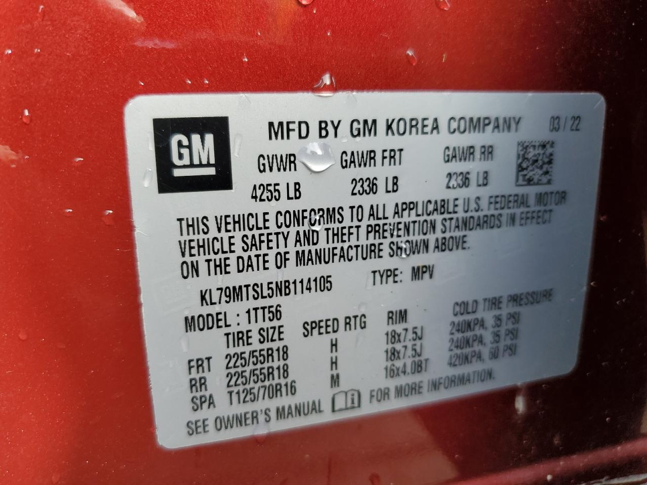 2022 CHEVROLET TRAILBLAZER RS VIN:KL79MTSL5NB114105