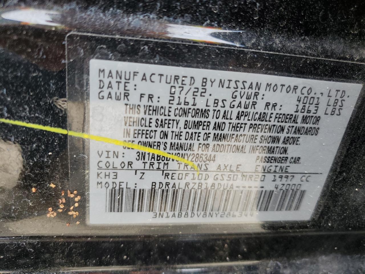 2022 NISSAN SENTRA SR VIN:3N1AB8DV8NY286344