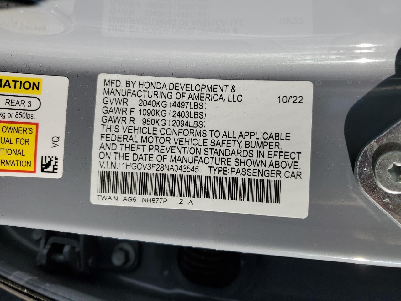 2022 HONDA ACCORD HYBRID SPORT VIN:1HGCV3F28NA043545