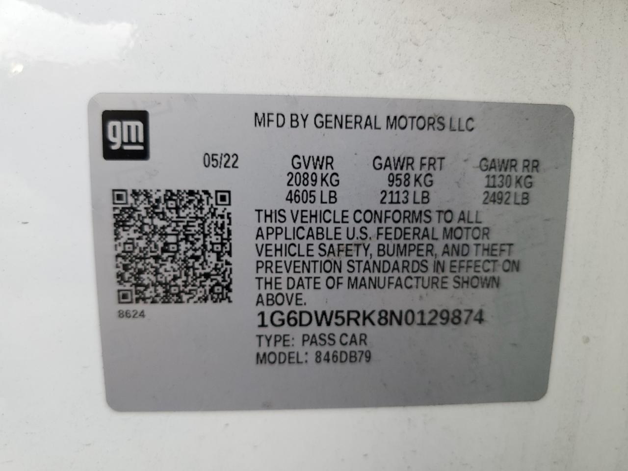 2022 CADILLAC CT5 LUXURY VIN:1G6DW5RK8N0129874