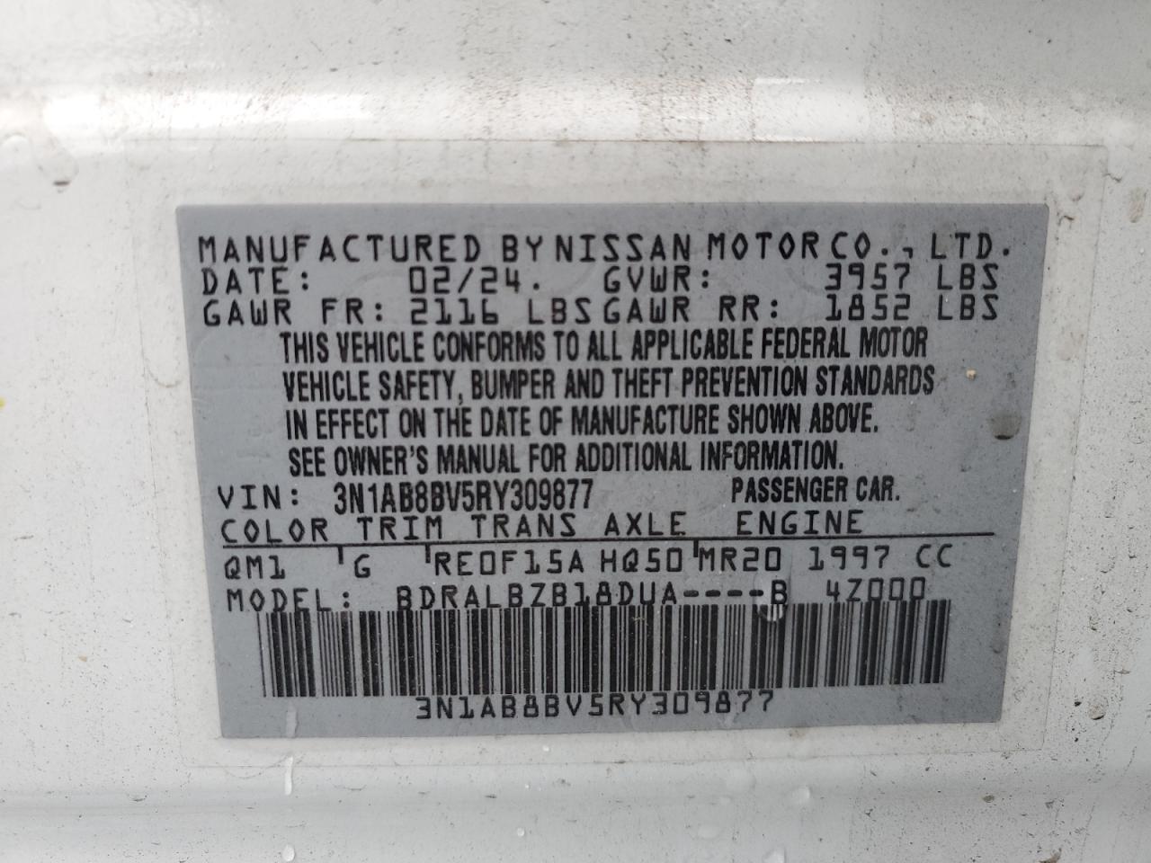2024 NISSAN SENTRA S VIN:3N1AB8BV5RY309877