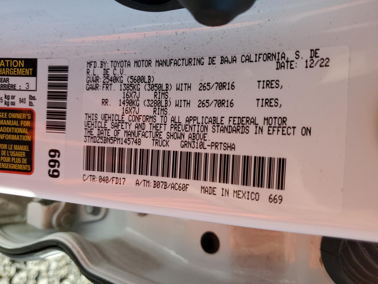 2023 TOYOTA TACOMA DOUBLE CAB VIN:3TMDZ5BN5PM145748