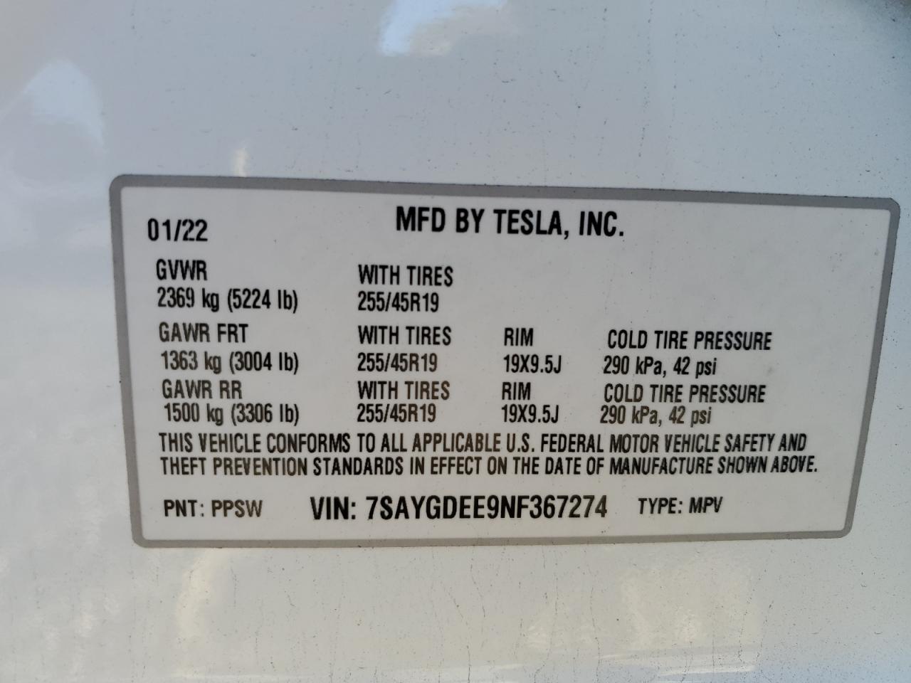 2022 TESLA MODEL Y  VIN:7SAYGDEE9NF367274