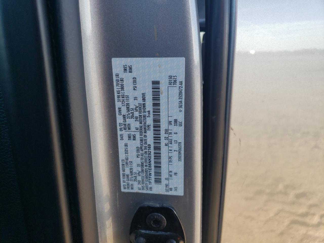 2022 FORD F150 SUPERCREW VIN:1FTFW1E88NKE92169