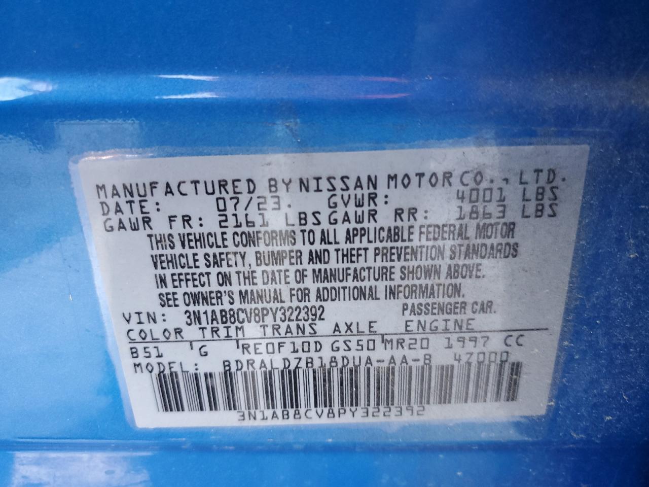 2023 NISSAN SENTRA SV VIN:3N1AB8CV8PY322392