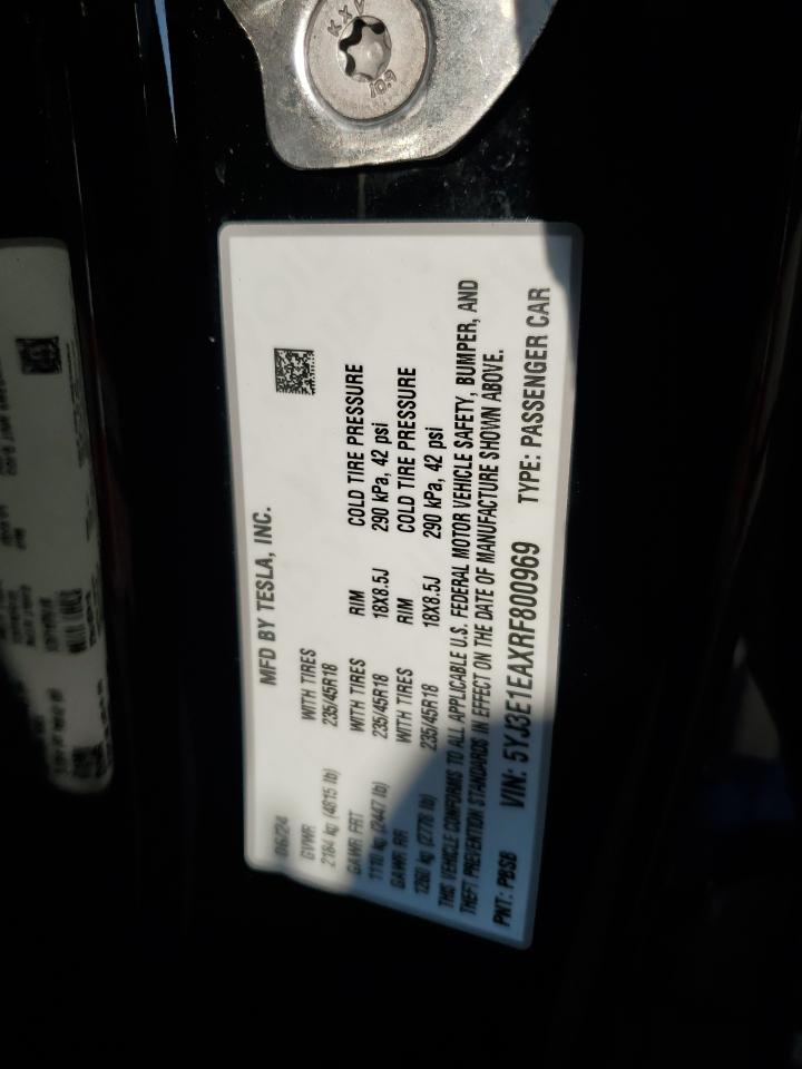 2024 TESLA MODEL 3  VIN:5YJ3E1EAXRF800969
